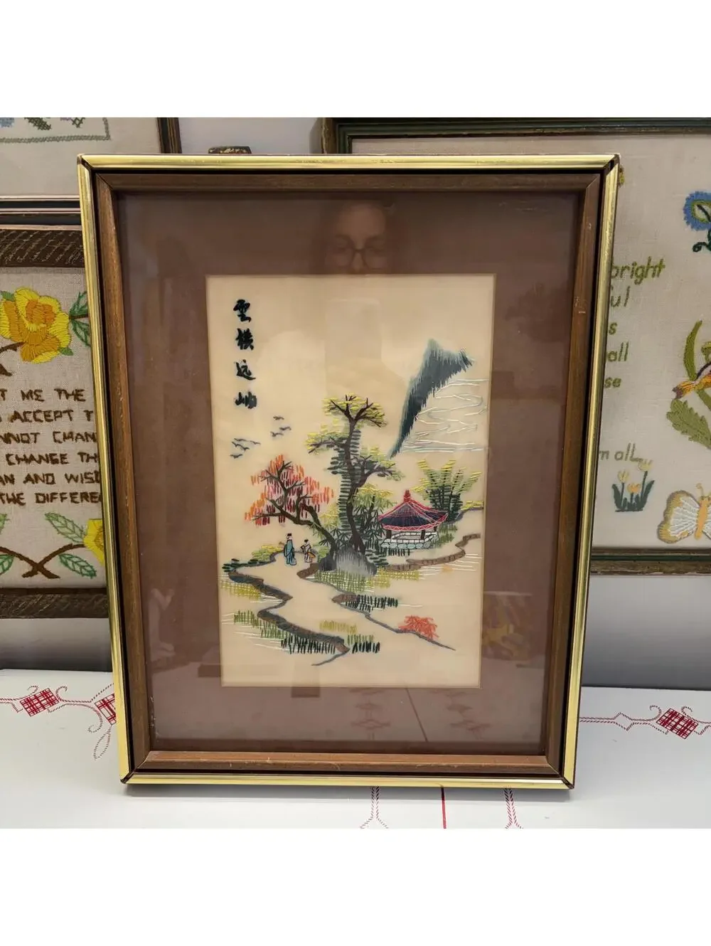 Oriental embroidered silk wall art vintage